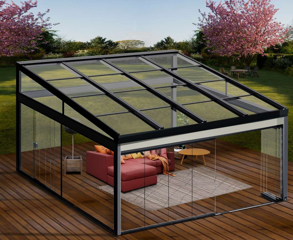 Salón exterior con techo móvil de cristal y cerramiento de vidrio